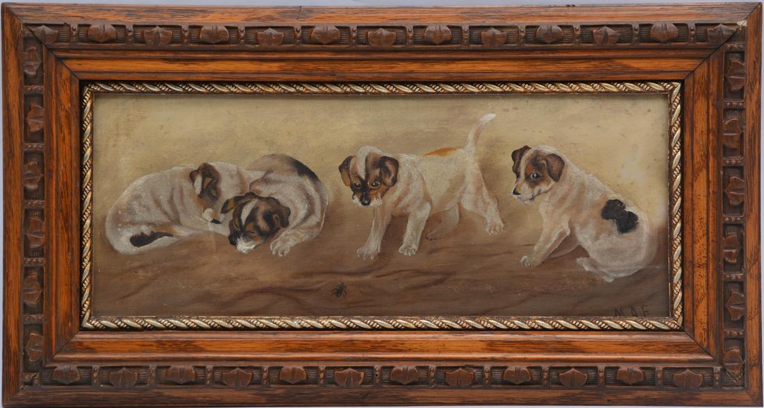 Four puppies and a spider, initialed "MAF", o/c (1 of 3)