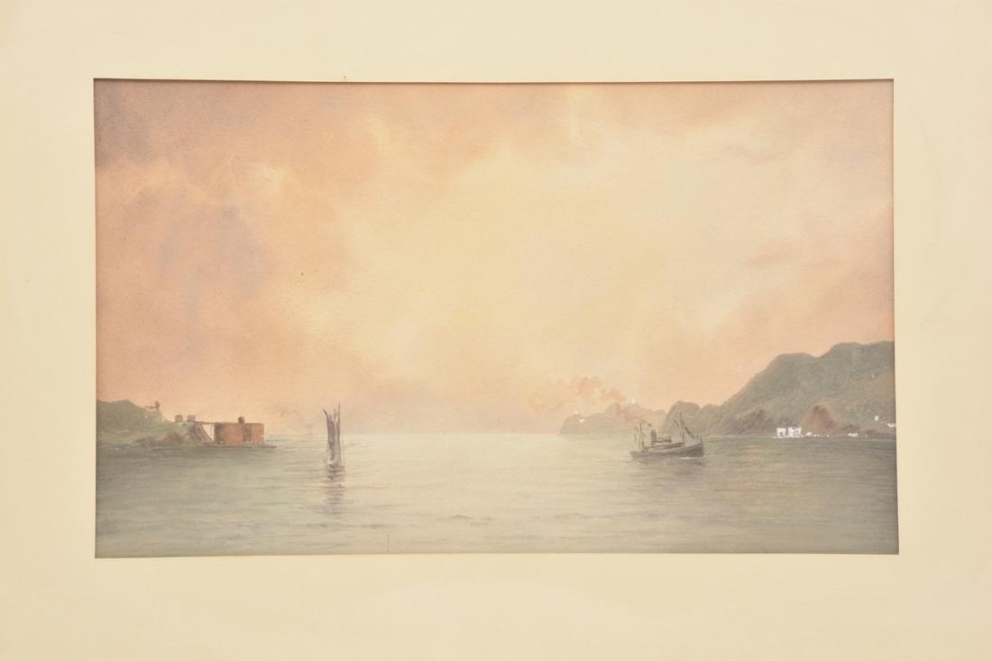 Attr. to Albert Farnsworth, View of the Golden Gate,: Attributed to Albert Farnsworth, View of the Golden Gate, unsigned, watercolor, 9" x 15" (viewed), frame size: 16 1/2" x 22 3/4".
