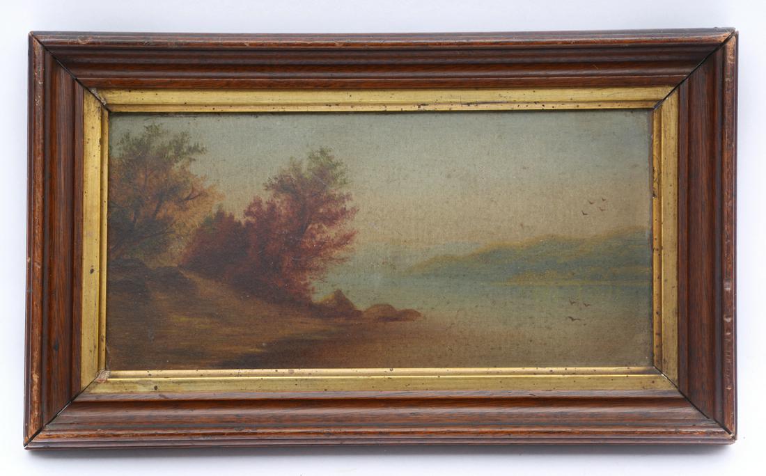 Anonymous, Hudson River School landscape, oil on board: Anonymous, Hudson River School landscape, oil on board, 4 3/4" x 9 1/2", frame size: 7 1/4" x 11", in very good condition.