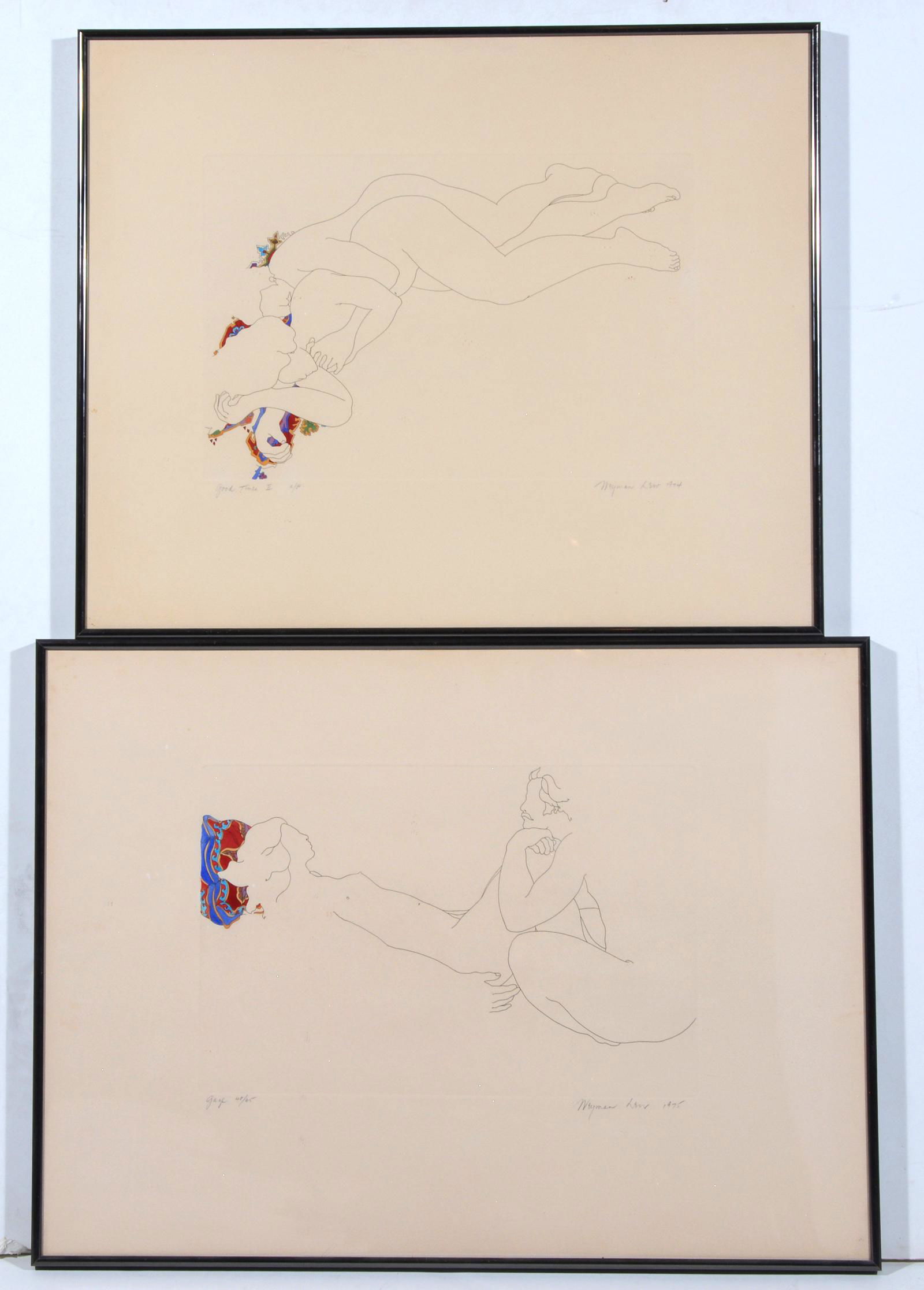 Weyman Lew, 2 Nude Engravings: Weyman Lew, 2 Nude Engravings. "Gaze", 48/65, signed dated lower right 1975 & "Good Times", Artist Proof, signed and dated lower right 1974. Both heightened with color by artist. Frame sizes: 22 1/2"