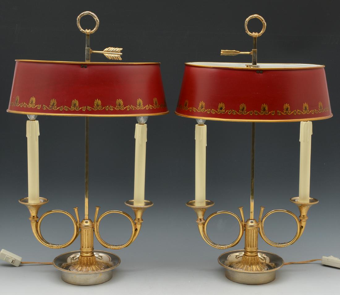 Pair of Louis XVl style brass & tole Bouillotte lamps. (1 of 2)
