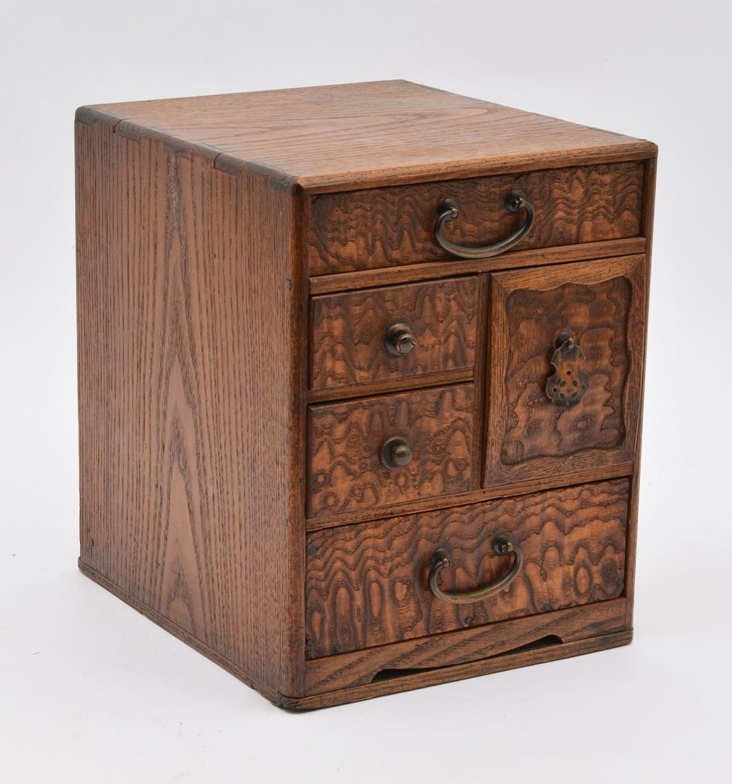 Japanese oak and kiyaki wood 5 drawer tansu: Japanese oak and kiyaki wood 5 drawer tansu, 10 1/2" h x 8" w x 9 1/4" d, in very good condition.