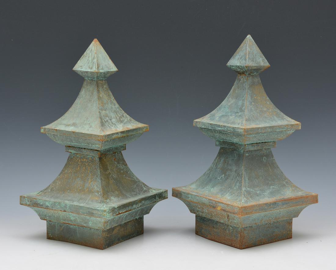 Japanese zinc pagoda style ornaments: Japanese zinc pagoda style ornaments in green patina. 14 1/2"t x 7 1/2"w x 7 1/2"d.