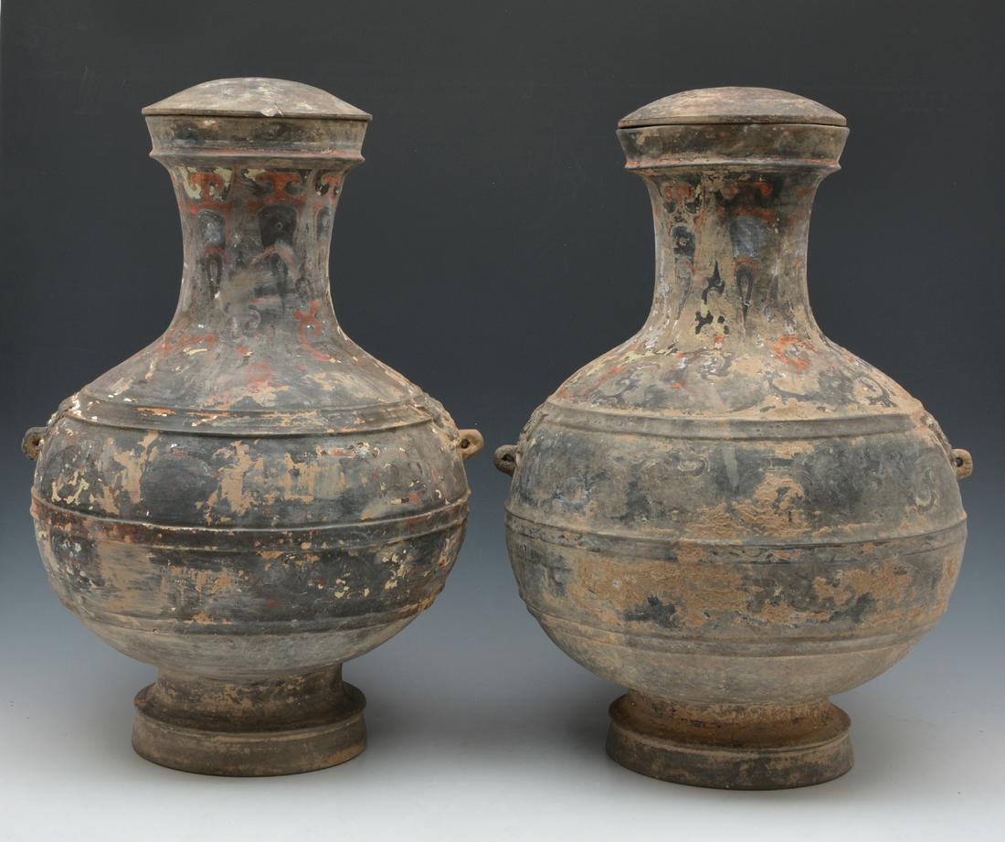 2 Han Dynasty pottery Hu jars with covers, Taotie masks (1 of 5)