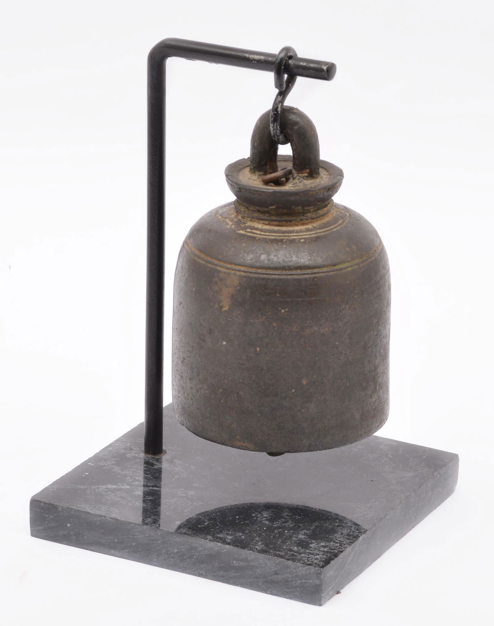 Tibetan Bronze Bell on iron and marble stand. (1 of 2)