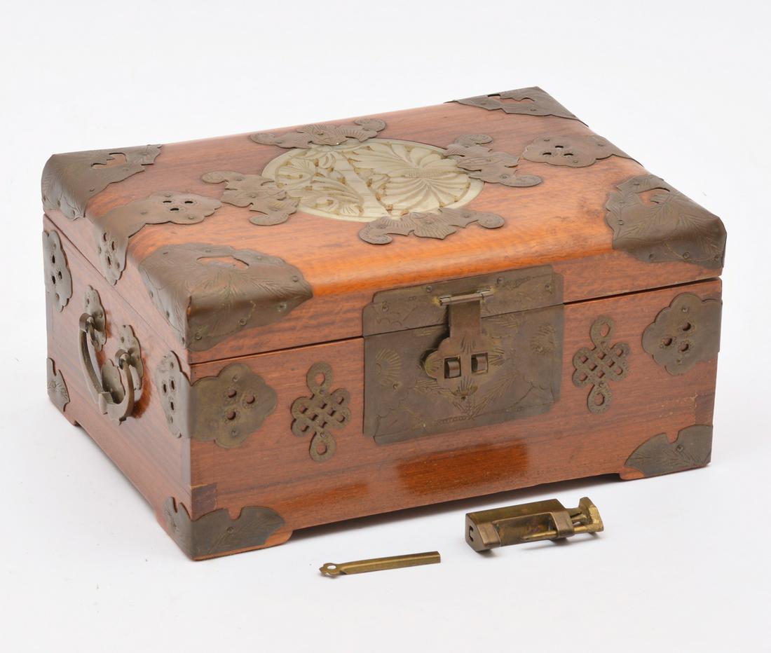 Chinese wooden jewelry box w/ carved hardstone inlay (1 of 4)