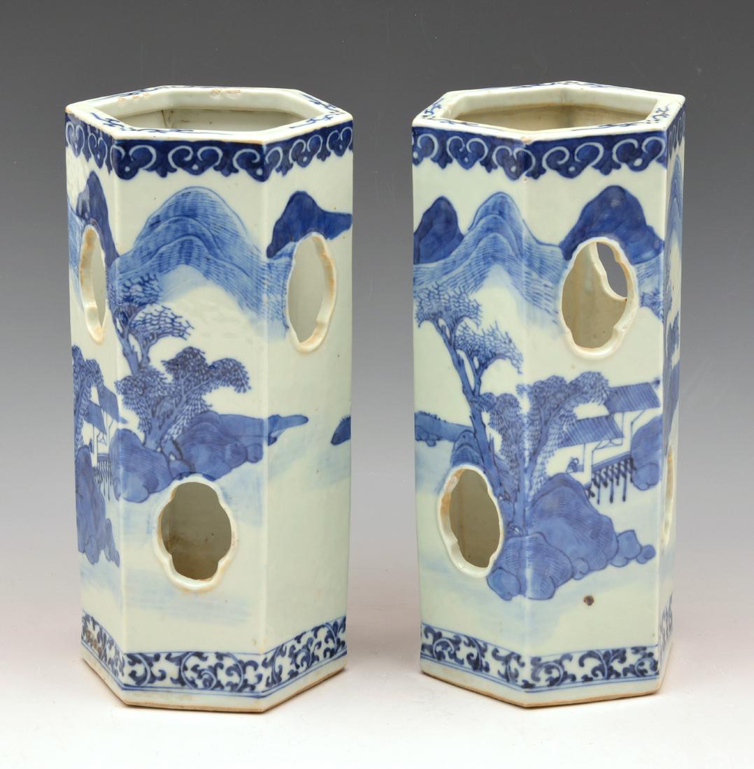 Pair of Chinese blue and white hexagonal hat stands (1 of 4)