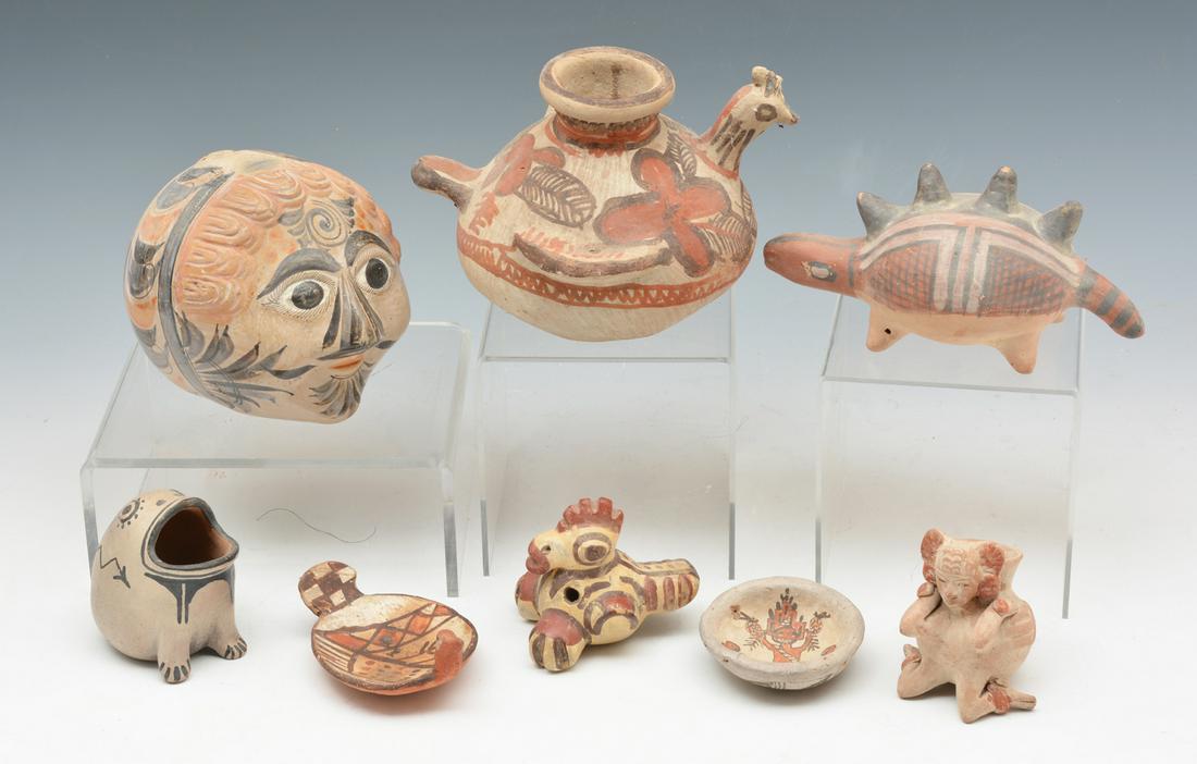 8 pieces of older Acoma style pottery: 8 pieces of older Acoma style pottery, tallest measures 5 1/2"; head is marked "Mexico".