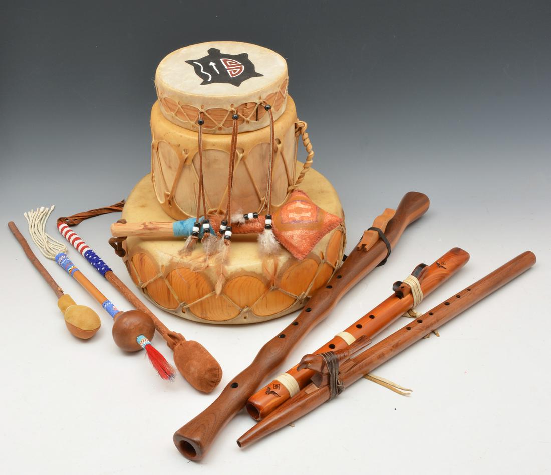 Grouping of Native American drums, flutes, rattles, (1 of 4)
