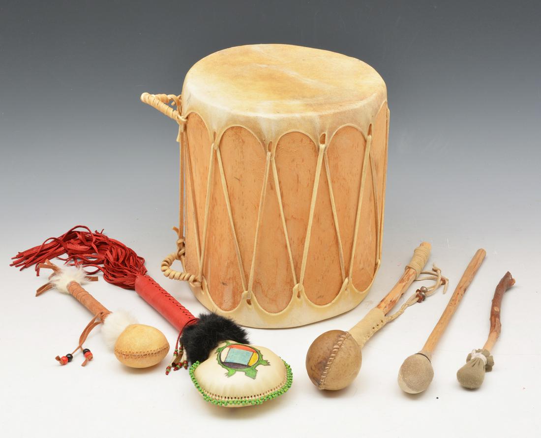 Hopi Native American drum and 5 mallets, (1 of 3)