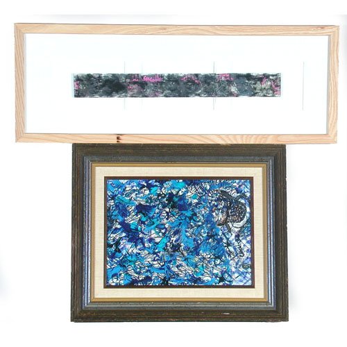 Two P. Cucaro Abstracts.: LOT. (Pascal) Cucaro Abstract on plexiglass strip 2" x 16" and one abstract 12" x 9" oil on board. Both signed. Very good condition.