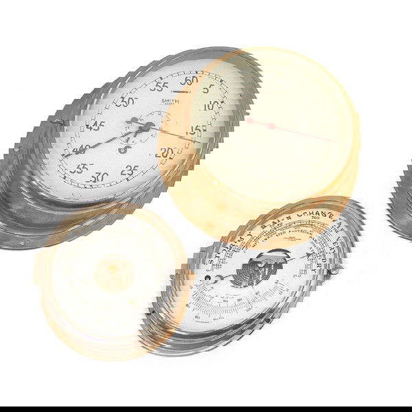 Smith Astral Ship's Clock, Wempe German Barometer: LOT. Smith Astral ship's clock, 9"diam x 4"d together with a Wempe, Hamburg, German made Compensated Precision Barometer, with thermometer gauge, 6 1/2"diam x 4"d, in very good condition.