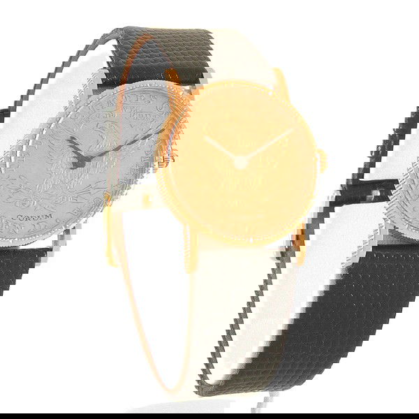 18k Gold Coin Corum Watch: WATCH. $10 gold coin men's/ladies Corum watch, 18kyg, 1907, quartz on black reptile strap, good running condition.