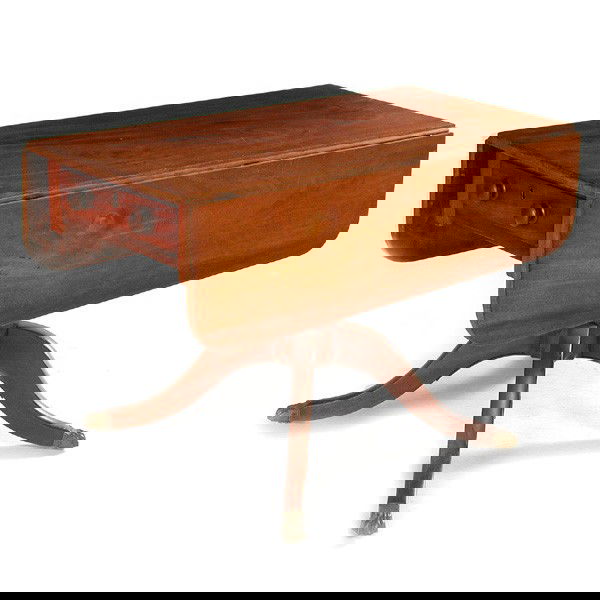 Antique Duncan Phyfe Style Table: TABLE. Duncan Phyfe style drop-leaf mahogany dining table comprised of period elements, having single board top and rounded end drop leaves above frieze drawer apron, rising on a turned standard with