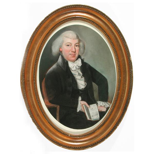 Anon. Painting of Dr. Samuel Johnson Reading: PAINTING. Anonymous, portrait of Dr. Samuel Johnson reading "Evelina", the novel by Johnson's friend and colleague Frances Burney published in 1778, unsigned, with note verso: "Purchased in Dublin, Ir