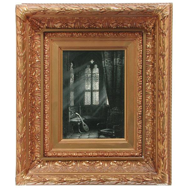 John Douglas Woodward Painting, Interior: PAINTING. John Douglas Woodward (American, 1846 - 1924), Through the Oriole Shrine, depicting a dark interior scene, signed with artist's monogram lower left, title inscribed in pencil verso, in a fol