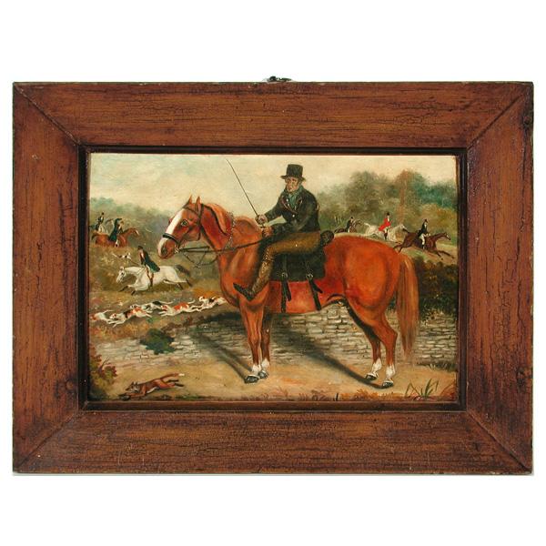 Wm. Underwood Painting, Fox Hunt, Horse and Rider: PAINTING. Attributed to William M. Underwood, a horse and rider at the fox hunt, bearing verso a piece of paper with inscription: "Bill Visard, the celebrated sporting sweep, on his celebrated horse P