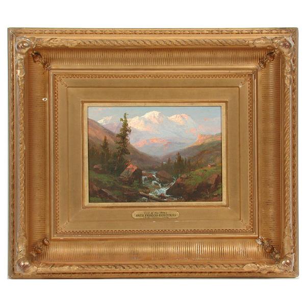 Regis Francois Gignoux Painting, View of the Alps: PAINTING. Regis Francois Gignoux (b. French, Hudson River School, 1816 - 1882), View of the Alps, signed 'Gignoux' lower left, in a carved, gilded frame, oil on canvas, 8"h x 13"w, overall size 21 3/4