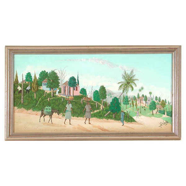 Claude Croix Painting, Scene of Haiti: PAINTING. Claude Croix (20th C.), Haitian Scene, signed 'Claude Croix' lower right, oil on board, 9 1/2"h x 19 1/2"w viewed, in very good condition.