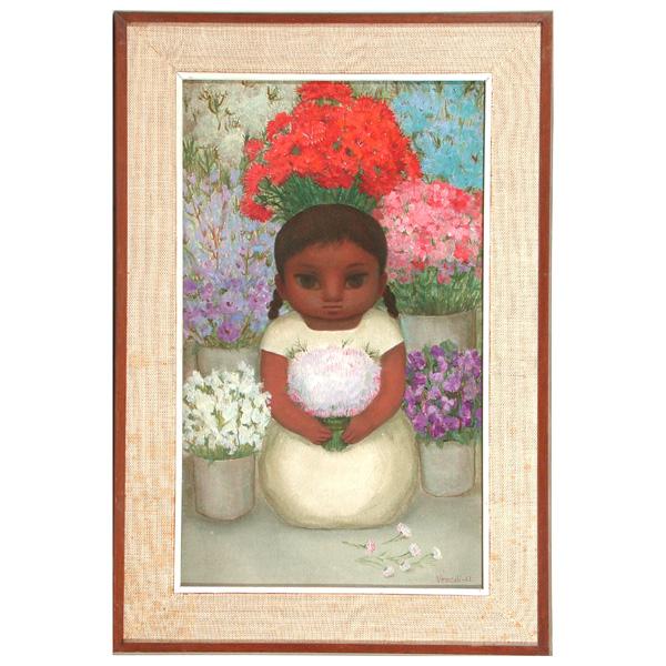 Luis Vezcali Painting, Girl With Flowers: PAINTING. Luis Vezcali (Mexican, 20th Century), Young Girl with Flowers, signed and dated 'Vezcali 63' lower right, oil on board, 24"h x 14 1/4"w, in very good condition.