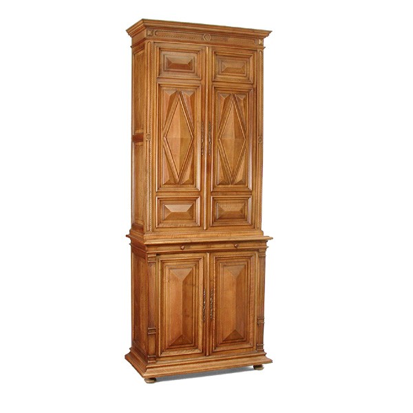 Continental Walnut Cabinet on Cabinet: CABINET. Continental walnut cabinet on cabinet having molded cornice, two doors above two parallel pull-out surfaces, two doors below, 97 1/2"h x 38"w x 18 3/4"d, with removable 5 1/2"h gallery, in go