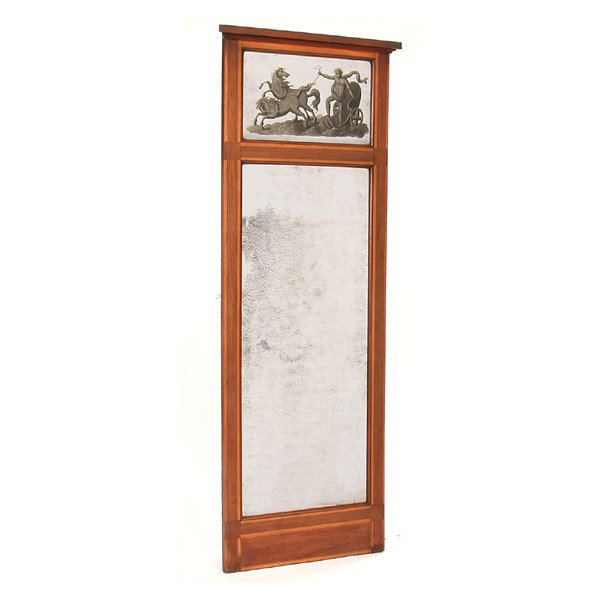 Danish early 19th C. Two Panel Mirror: MIRROR. Danish early 19th c. two panel mirror, the upper panel over painted with a classical painting of a Roman charioteer, 62 1/4"h x 23 1/2"w, overall good condition, lacking the cornice back corne