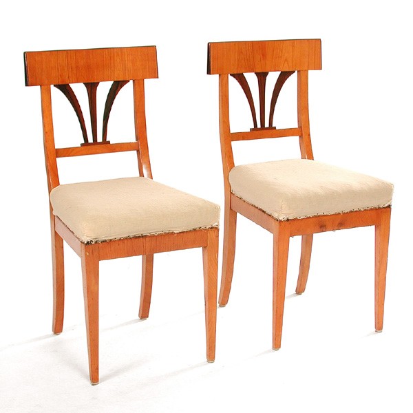 Pair of Biedermeier Side Chairs: CHAIRS. Pair of Biedermeier side chairs, having pierced backs, rising on tapering legs, 34 3/4"h x 17 "w x 17 1/2"d, in good condition.