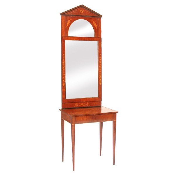 Biedermeier Console Table and Mirror: CONSOLE TABLE. Biedermeier console table and mirror, the mirror surmounted with a pediment and decorated with floral and ebonized string inlay throughout, the table with a single drawer, band inlay, r
