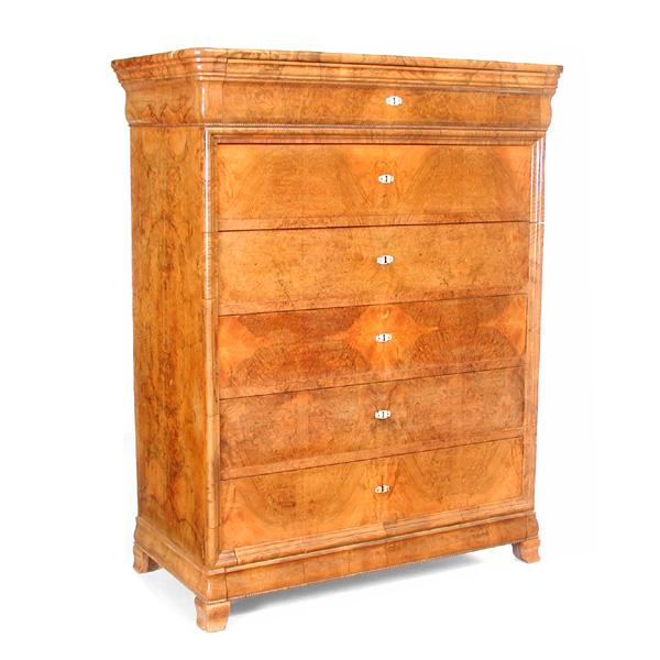 Austrian Biedermeier Tall Chest of Drawers: TALL CHEST. Austrian biedermeier walnut burl veneered tall chest of drawers, c. 1840, with original ivory escutcheons, 62"h x 48"w x 24"d, in very good condition with wear typical for age.