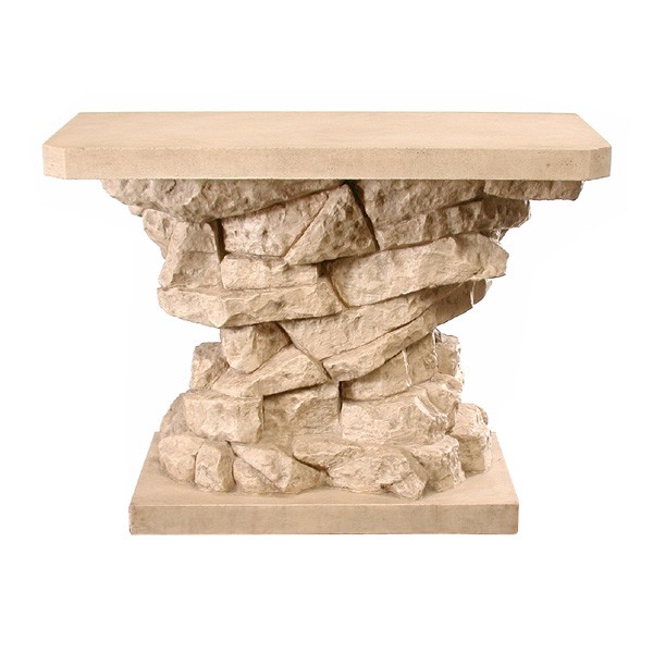 Faux French Limestone Console: CONSOLE. Faux French limestone console and top, the base of organic, stacked limestone form, purchased from Stone Yard, San Diego, 32 1/2"h x 44"w x 20"d, in very good condition.