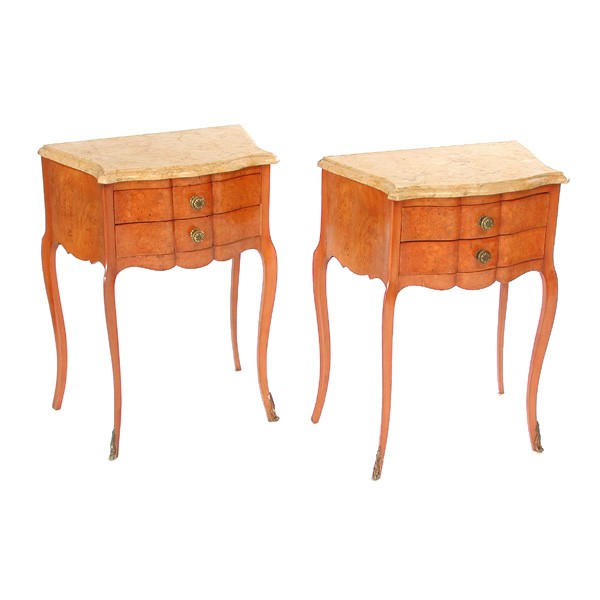 Pair of French Style Marble Top Nightstands: NIGHTSTANDS. Pair of French style marble top nightstands executed in burled wood, with serpentine fronts and two drawers, 26 1/2"h x 20"w x 12"d, in very good condition.