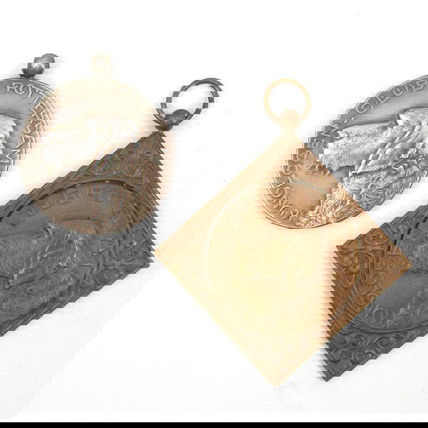 2 Dog Medals, Dutch Rotterdam Clubs, Schnauzer: DOG MEDALS. Two Dutch dog medals, both for the Kynologen Club of Rotterdam, featuring a Schnauzer, one silvered bronze with coat of arms verso, the other square form, 2"h x 2"w, both in good condition