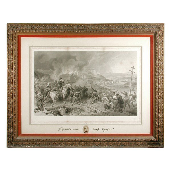 F.O.C. Darley Engraving Sherman's March to the Sea: ENGRAVING. F.O.C. Darley, Sherman's march to the sea, titled "Sherman's Match Through Georgia", artist and publisher (Ritchie) signatures in margin, 29" by 43" sight plus annotated mat and fancy Victo