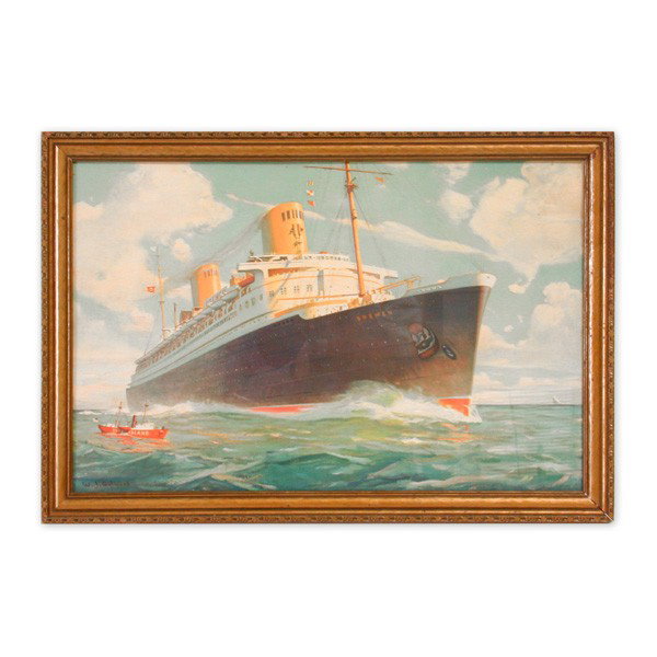 William J. Aylward Print, SS Bremen: PRINT. William J. Aylward (American, 1875 - 1956), SS Bremen, the Blue Riband winning transatlantic passenger service ocean liner built in 1929, the Bremen is shown flying the Nazi flag aft, with a sm