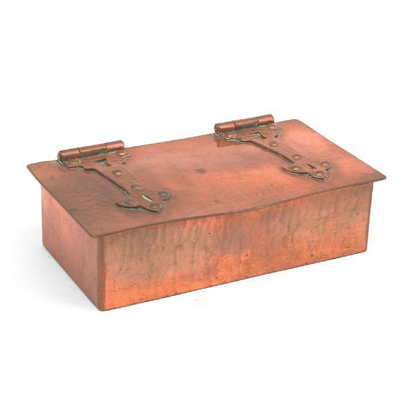 Dirk Van Erp Box, Open Box Windmill: BOX. Dirk Van Erp box with strap hinges, hammered copper, open box windmill, 1 3/4"T by 6 5/8"W by 3 7/8"D, polished condition.