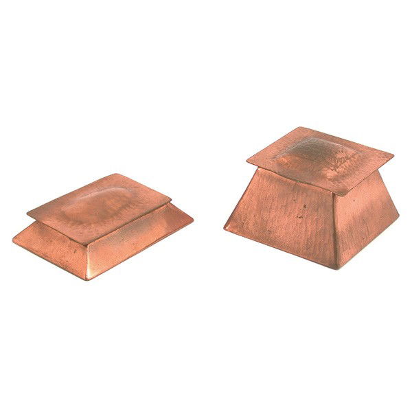 Two Dirk Van Erp Boxes, Open Box Windmill: LOT. Two Dirk Van Erp covered boxes with hinged lids, hammered copper, both with open box windmill, 2 3/4"T by 4 1/4"W by 4 1/4"D and 1"T by 4 7/8"W by 3 1/2"D, polished condition.