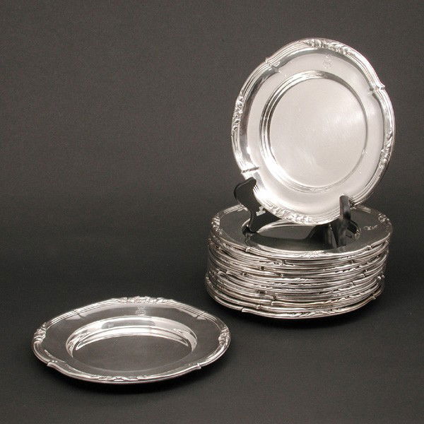 15 French Sterling Silver Salad Plates, Gustav Kel: PLATES. Set of 15 French sterling silver salad plate by Gustav Keller (Paris), decorative border, 9" across, appx 15 troy ounces each.