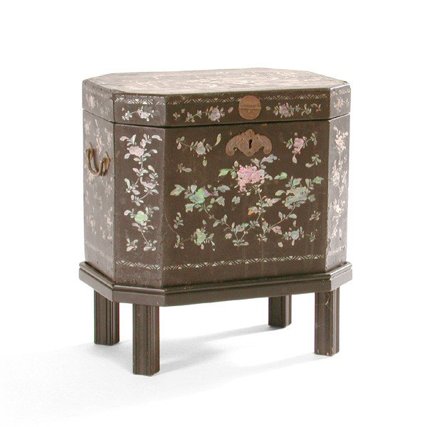 Chinese Style Tantalus: TANTALUS. 19th century ebonized 5 bottle tantalus in the Chinese style with floral abalone inlay and brass fittings on later stand. 16"T by 14 1/2"W by 10"D, in good condition.