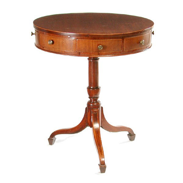 19th Century English Table: TABLE. Round mahogany "rent" table with string inlay, the rotating top on tripod base with 4 active and 4 faux drawers. 21 1/2"T by 24"D, good condition with old repair to bottom of base.