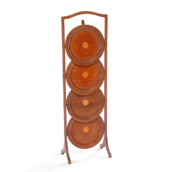 English Dessert Stand: STAND. Edwardian four tier dessert stand, mahogany with multiwood pinwheel inlay, collapsible, 36 1/2"T by 11 1/2"W, in good condition.