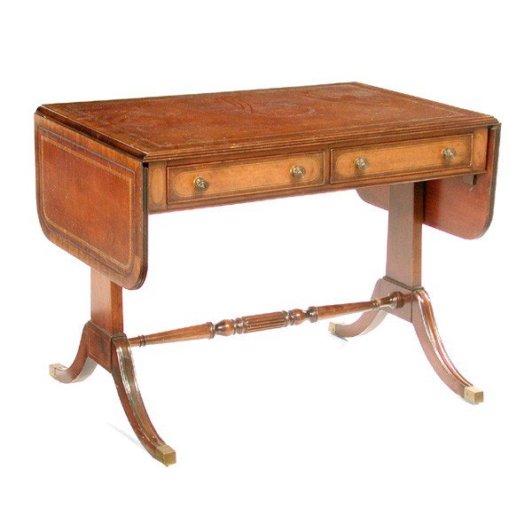 Mahogany Sofa Table: TABLE. Mahogany drop leaf table with leather surface, 2 drawers and splayed leg with stretcher base. 20th century, 37"W by 28"T by 24"D with two 12" drop leaves, good condition.