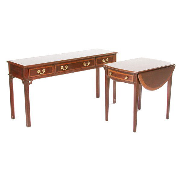 Mahogany Sofa Table and Drop Leaf Table: TABLE SET. 20th c. mahogany sofa table and drop leaf table set, having quartersawn mahogany band borders, brass handled, drawers, on fluted stick legs with pierced corner supports, drop leaf table 26