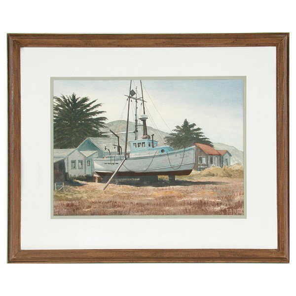 Dale Allen Miller Watercolor: PAINTING. Dale Allen Miller, "Front Yard Haul Out" watercolor, signed lower left, 14 1/2" by 10 1/4" viewed, Marin Society of Artist label and the Artist's label affixed verso, very good condition.