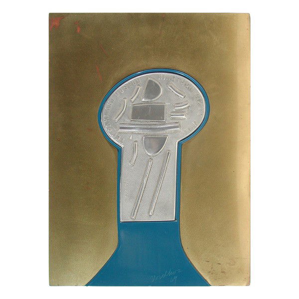 Peter Voulkos Plaque, Oakland Museum: PLAQUE. Peter Voulkos (American, 1924-2001) vacuform and aluminum poster created for opening day of the Oakland Museum in 1969, signed with scratched signature and date in blue area lower center "Voul