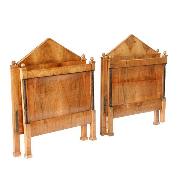 Pair of Biedermeier Beds: BEDS. Pair of Biedermeier beds having ebonized column corner supports, with fitted mattress, 48 1/2"T by 36"W by 74"D.