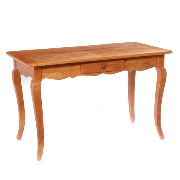 French Table / Desk: TABLE/DESK. French cherry wood table/desk with single drawer, shaped skirt and legs, peg construction, 29 1/2"T by 47"W by 25 1/2"D, very good condition.