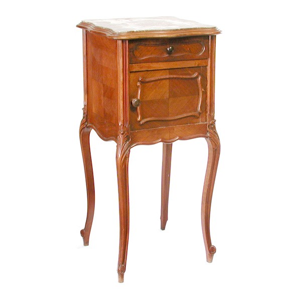 Louis XV Style Marble Top Nightstand: NIGHTSTAND. Antique Louis XV style nightstand having variegated marble top, single drawer and single door, marble lined interior, rising on carved legs, 32 1/2"h x 15 1/2"w x 15 1/2"d, in good conditi