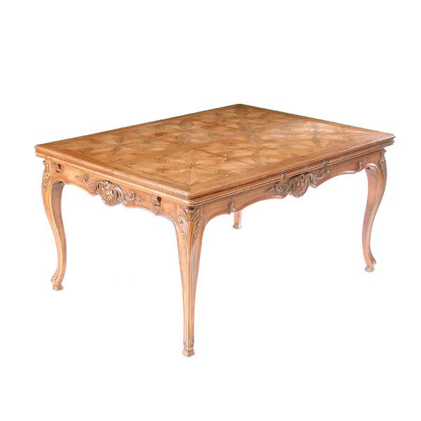 French Walnut Draw Leaf Table: TABLE. French walnut draw leaf table with fine star pattern parquetry to table top and leaves, acanthus leaf carved knees and cabriole legs, 30 1/2"T by 60"W by 44"D, in good condition.