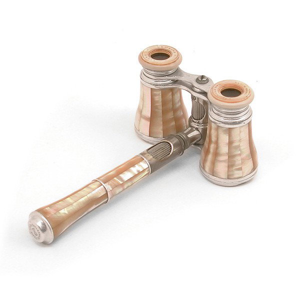 Opera Glasses by Le Maire Paris w/ Mother of Pearl: OPERA GLASSES. Mother of pearl opera glasses with handle. Made by Le Maire Paris and retailed by Geo. H. Kahn of San Francisco. Hallmarked on inner bezel and monogrammed. Handle is detachable. Mother 