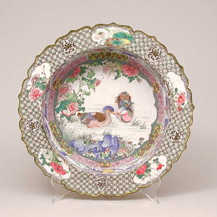 Chinese 18th Century Enameled Basin: BASIN. Chinese 18th century enameled basin with Peking ducks and peonies on a white background, reverse with butterflies, three metal ball feet, Canton export, 15" diameter and 2" deep, inside edge of